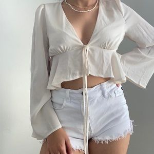 SHEIN Light Beige/Oatmeal Bell Sleeve Tie Front Peplum Top